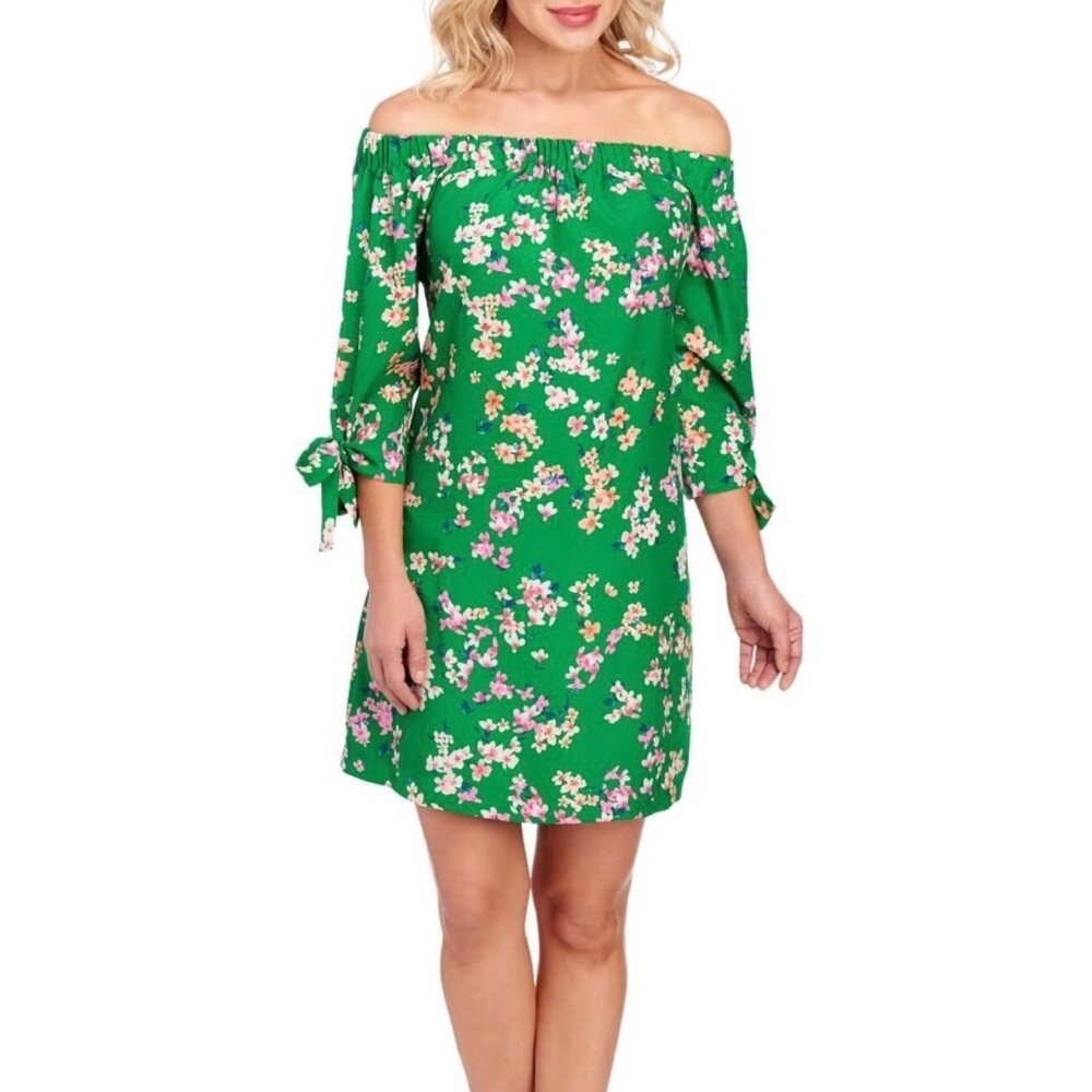 Vince Camuto Women’s Off-Shoulder Mini Dress Green Floral Lined Size-6 EUC